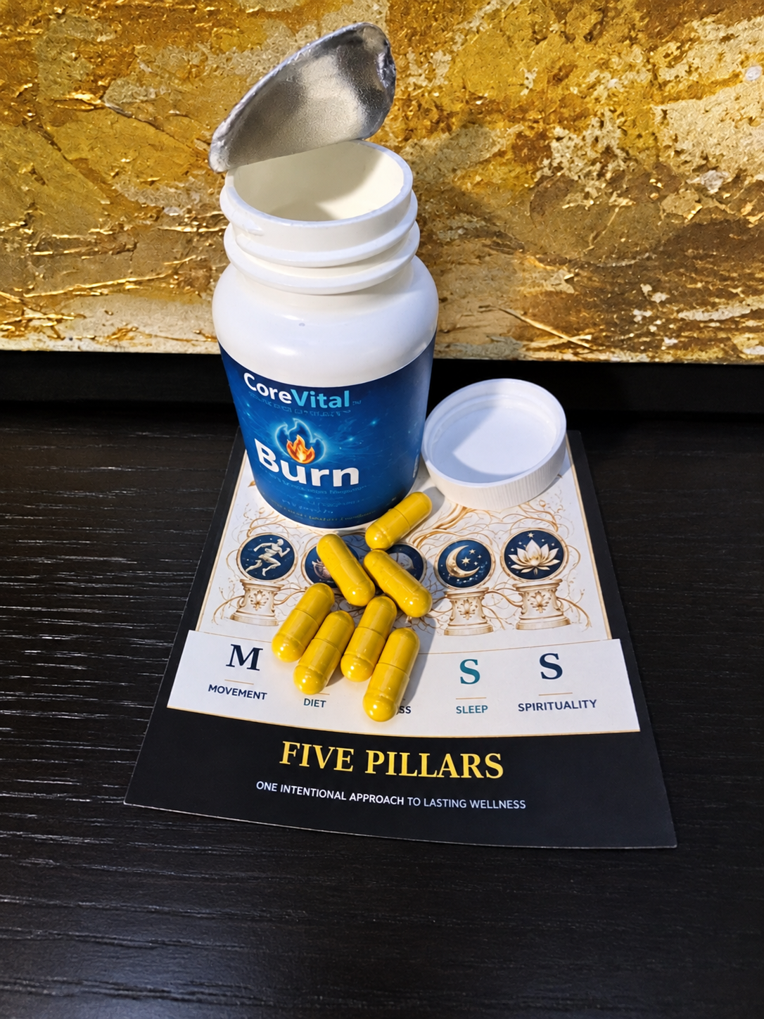 CoreVital Burn bottle with capsules beside it, showing the product and capsule appearance